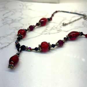 Retro Red Beaded “Y” Shaped Necklace with a Teardrop Glass Beaded Pendant